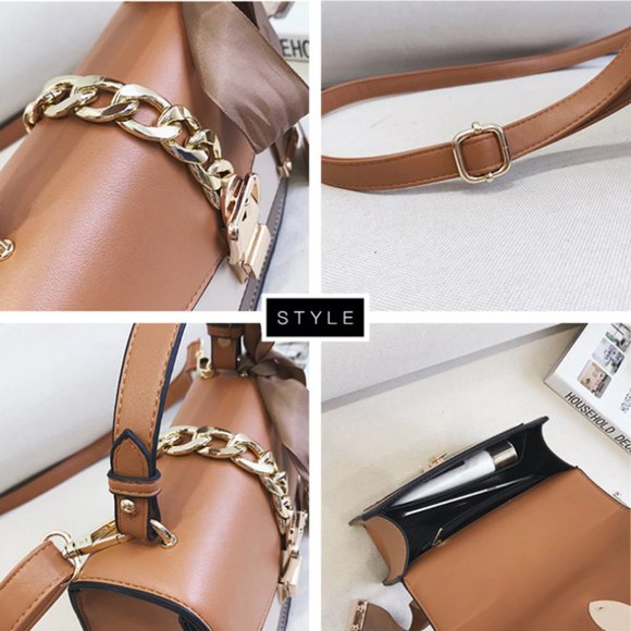 LAST Brown + Gold Ribbon Crossbody Bag Square Faux Leather Mini Purse - Picture 7 of 7